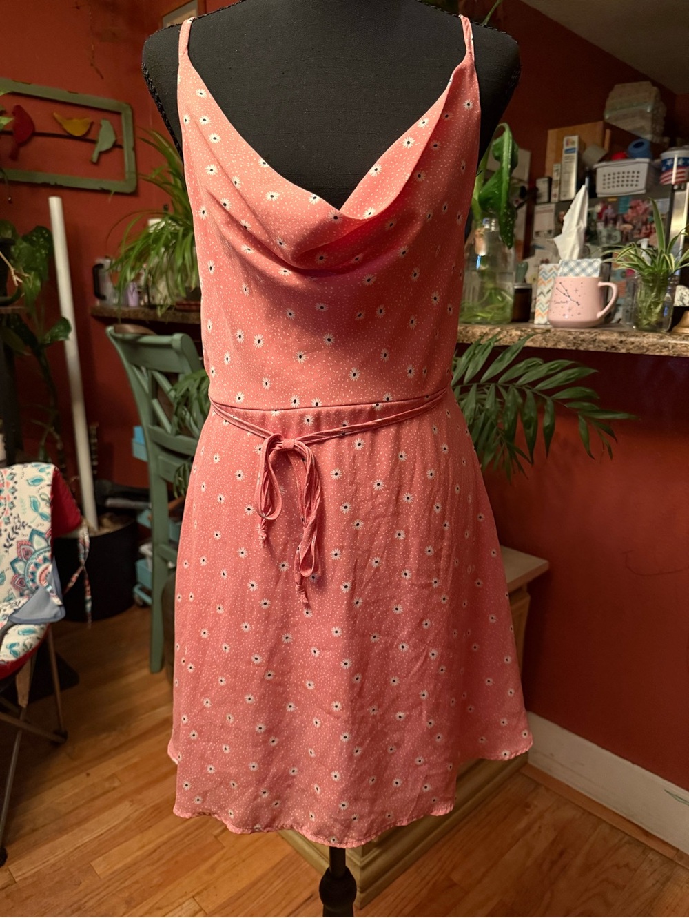 Floral Coral Pink Cowl-Neck Mini Dress with Waist Tie